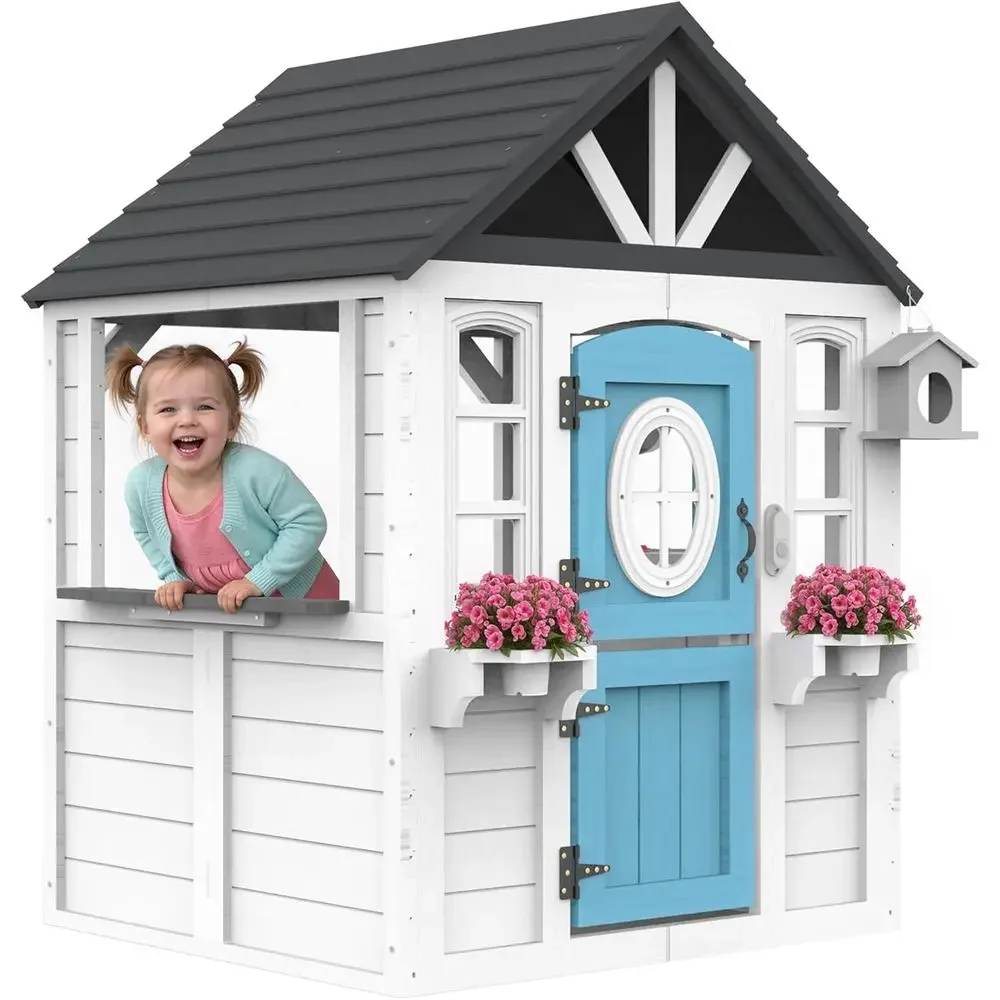 Kids Outdoor House With Kitchen - YOE Wooden Kids Playhouse with Kitchen
