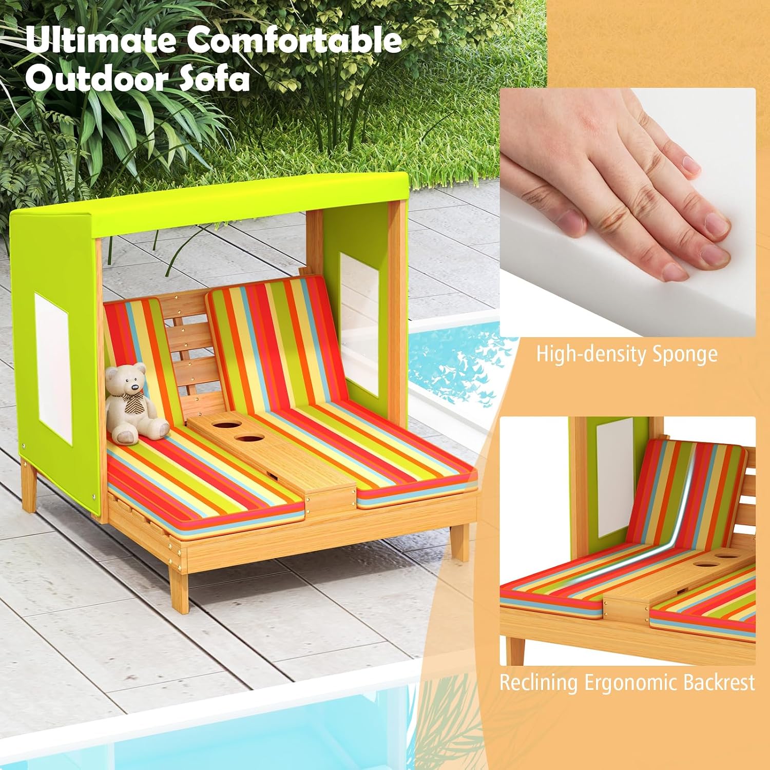Kids Wood Double Chaise Lounge - Kids Outdoor Lounge Furniture ulasan dan harga